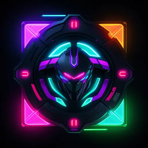 a gaming logo, futuristic, neon lights, dynamic action, powerful poses, intense expression, vibrant colors