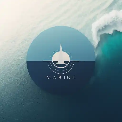 simplistic logo for a shop named is Marine, Utilize flowing lines, balanced compositions, and calming color gradients to communicate the dynamic yet secure nature of the ecosystem